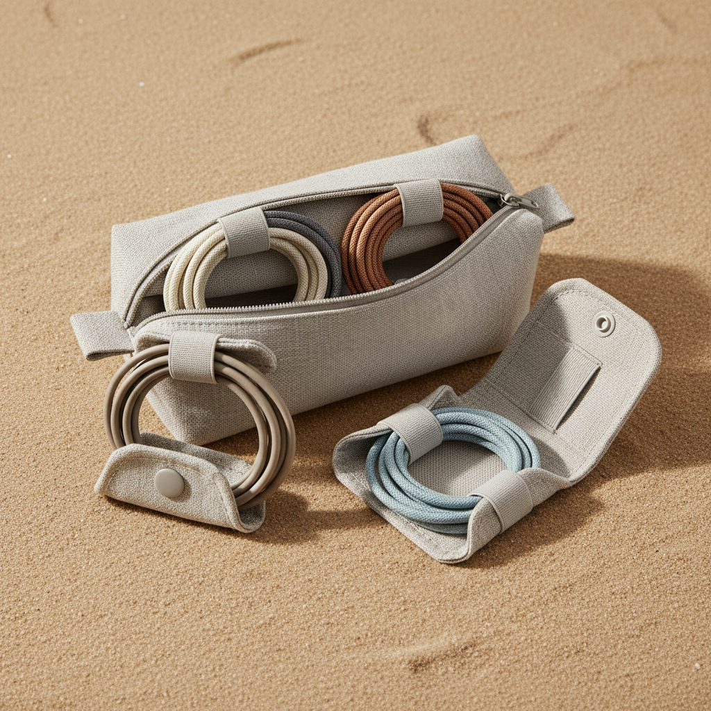 Neutral cable organizer kit with neatly coiled cables on warm sand