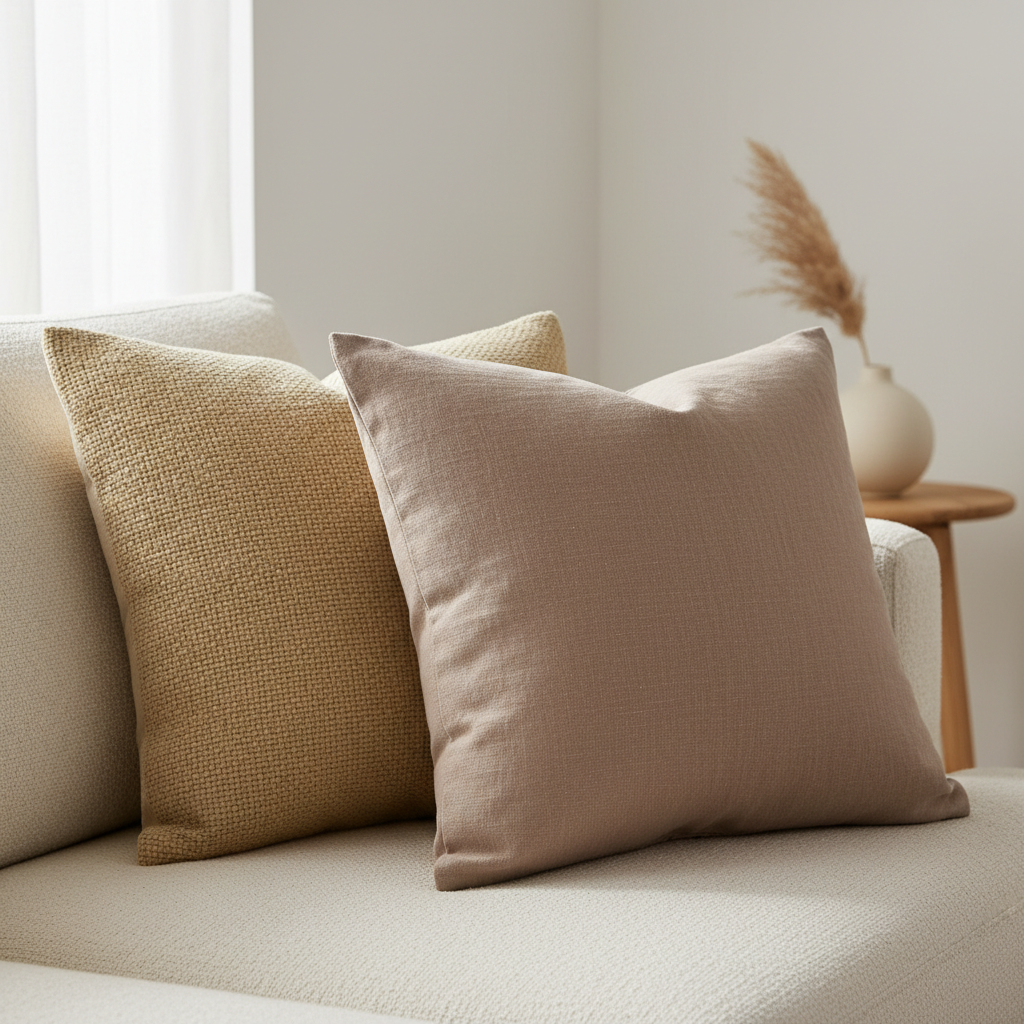 Textured oat and clay cushion covers on a cream sofa