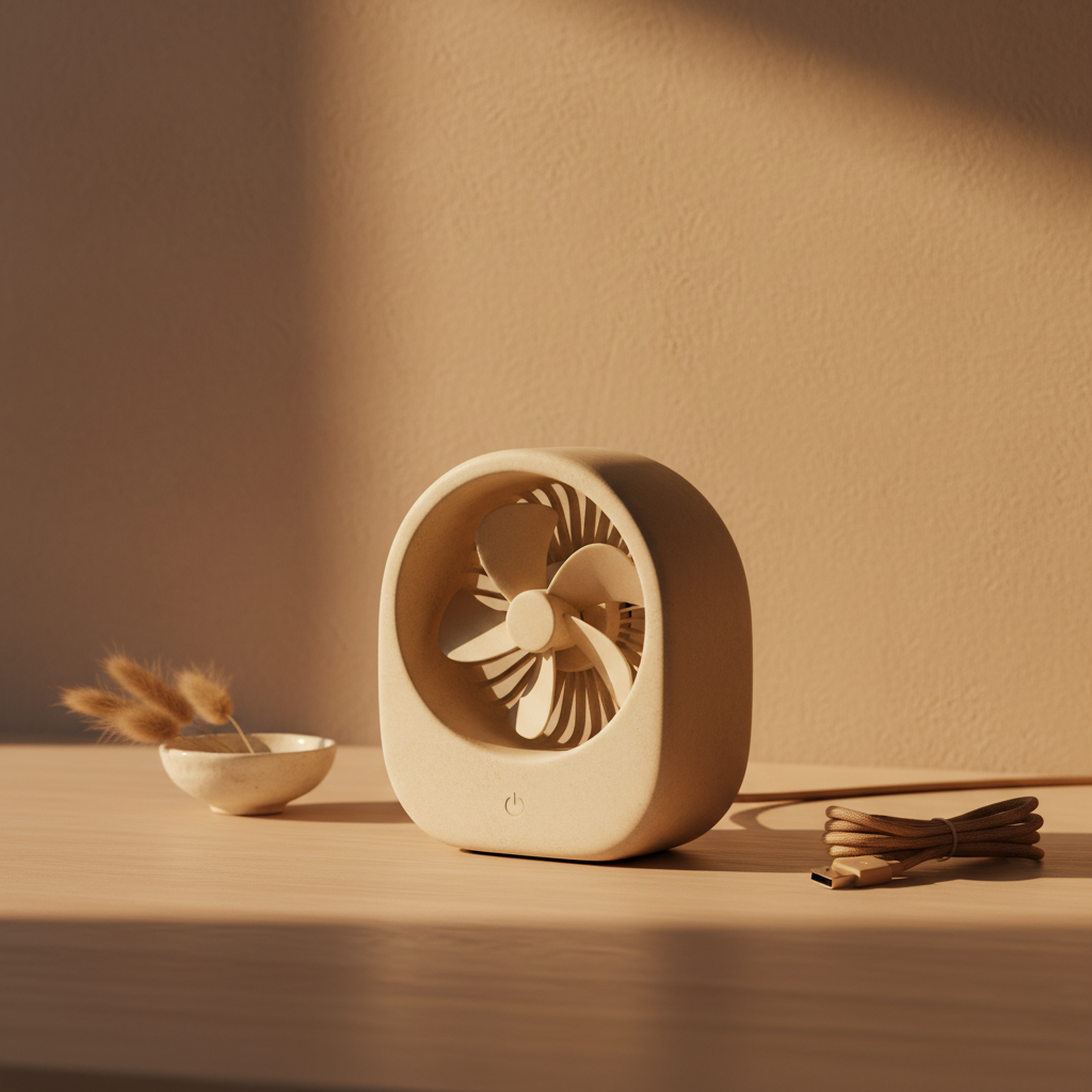 Compact stone-finish USB desk fan on a minimal desk