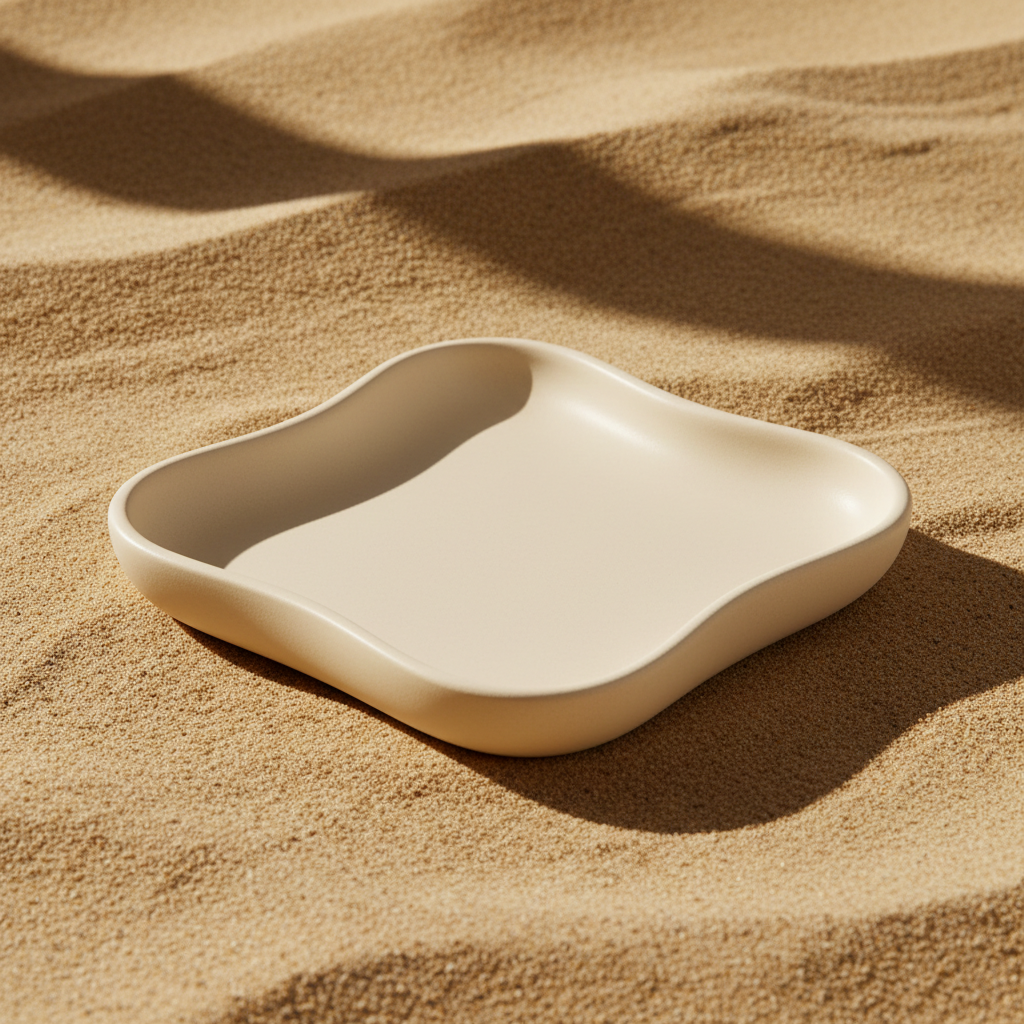 Matte cream ceramic catchall tray on a warm sand background