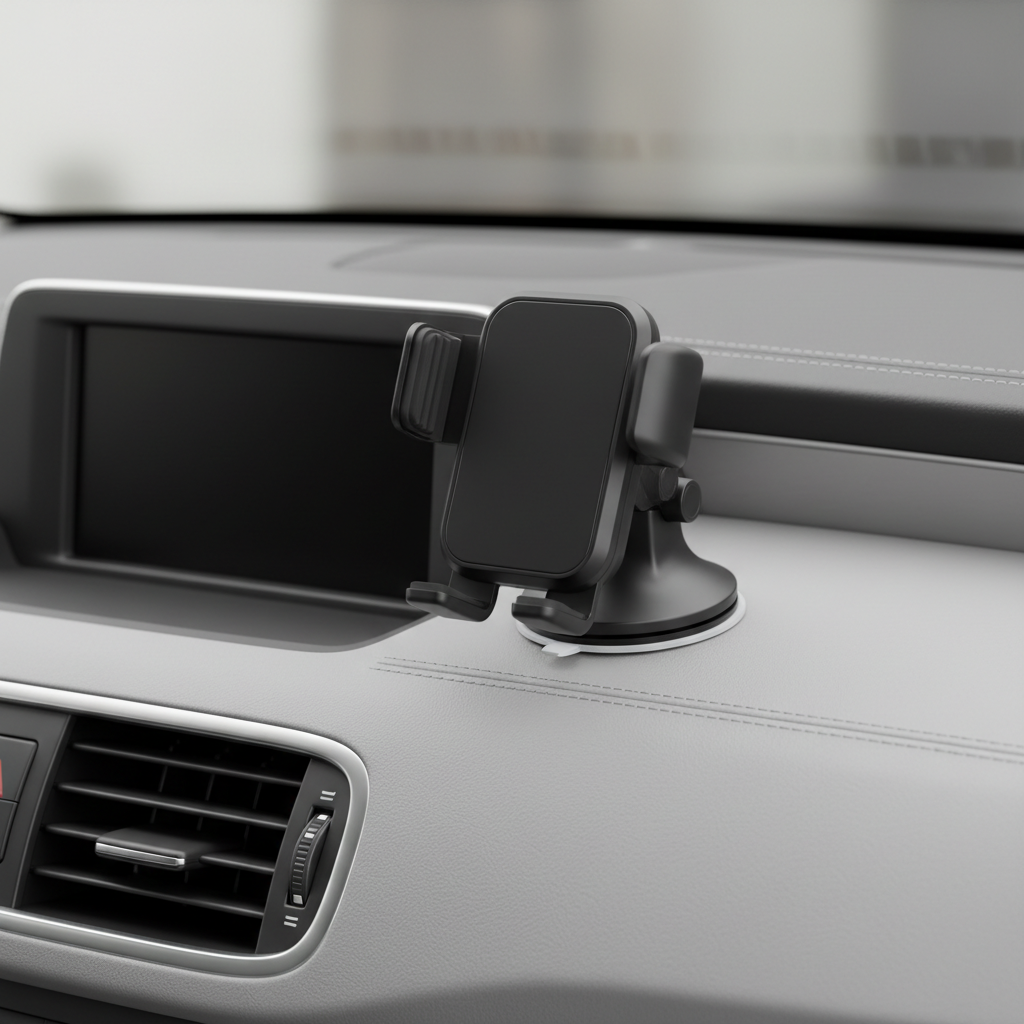 Matte black car phone mount on a clean neutral dashboard