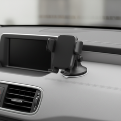 Matte black car phone mount on a clean neutral dashboard